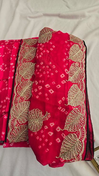 Rani Pink Bandhani Embroidered Saree