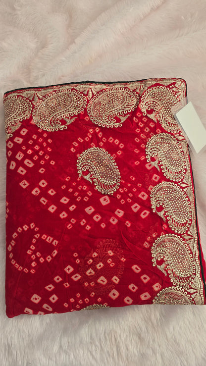 Red Bandhej Zari Border Saree