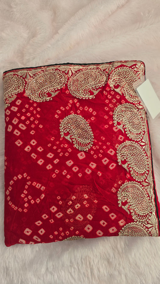 Red Bandhej Zari Border Saree