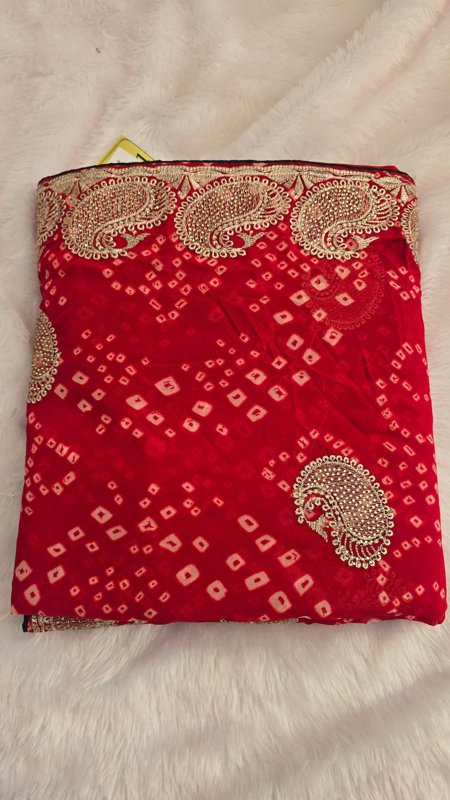 Red Bandhej Zari Border Saree