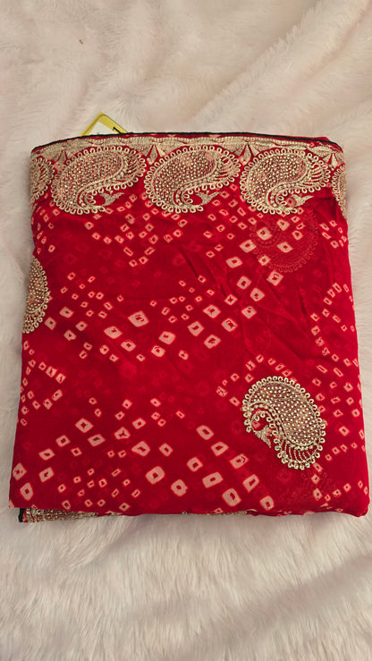 Red Bandhej Zari Border Saree