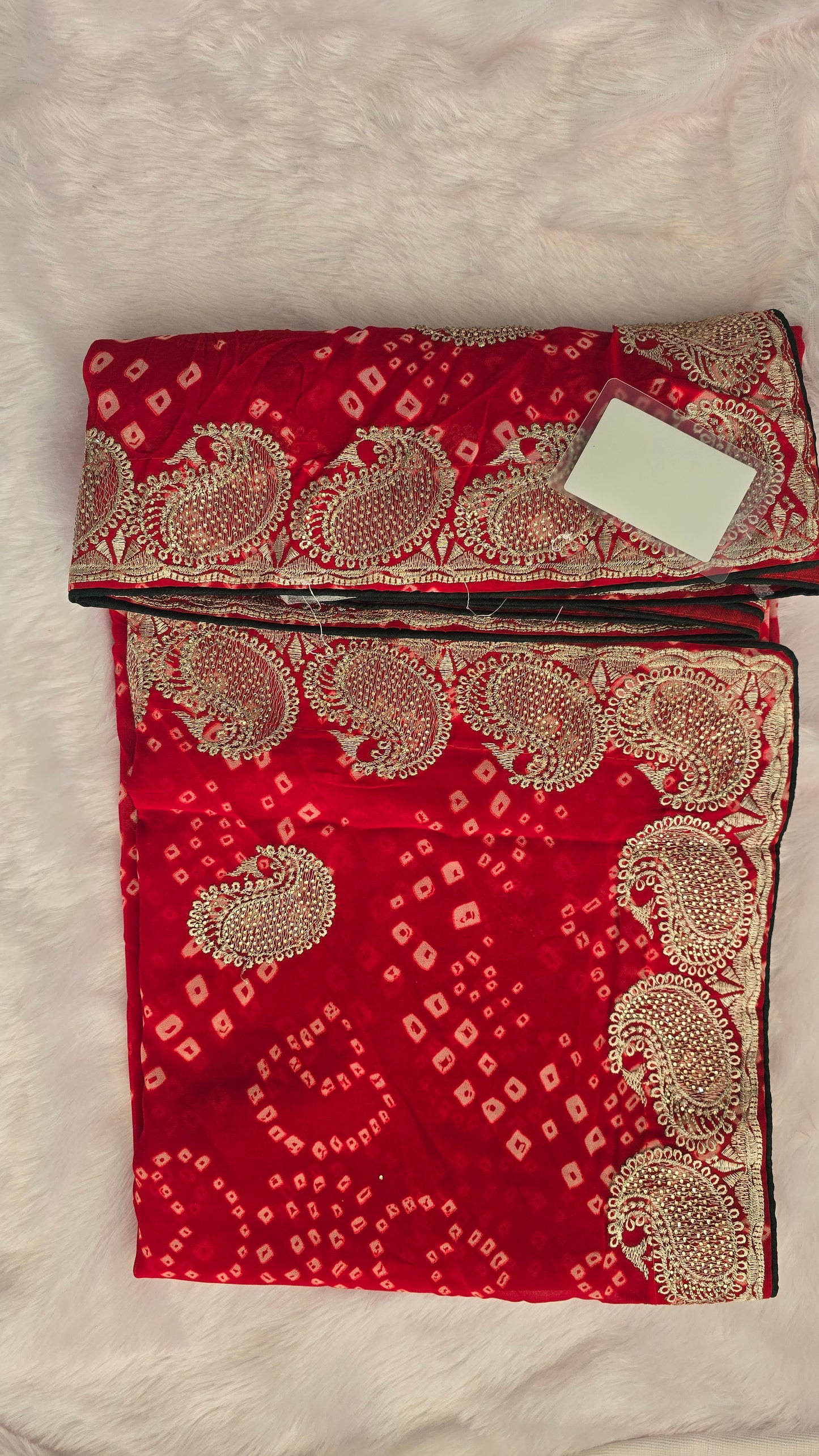 Red Bandhej Zari Border Saree