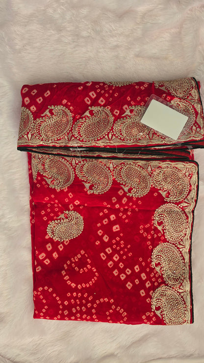 Red Bandhej Zari Border Saree