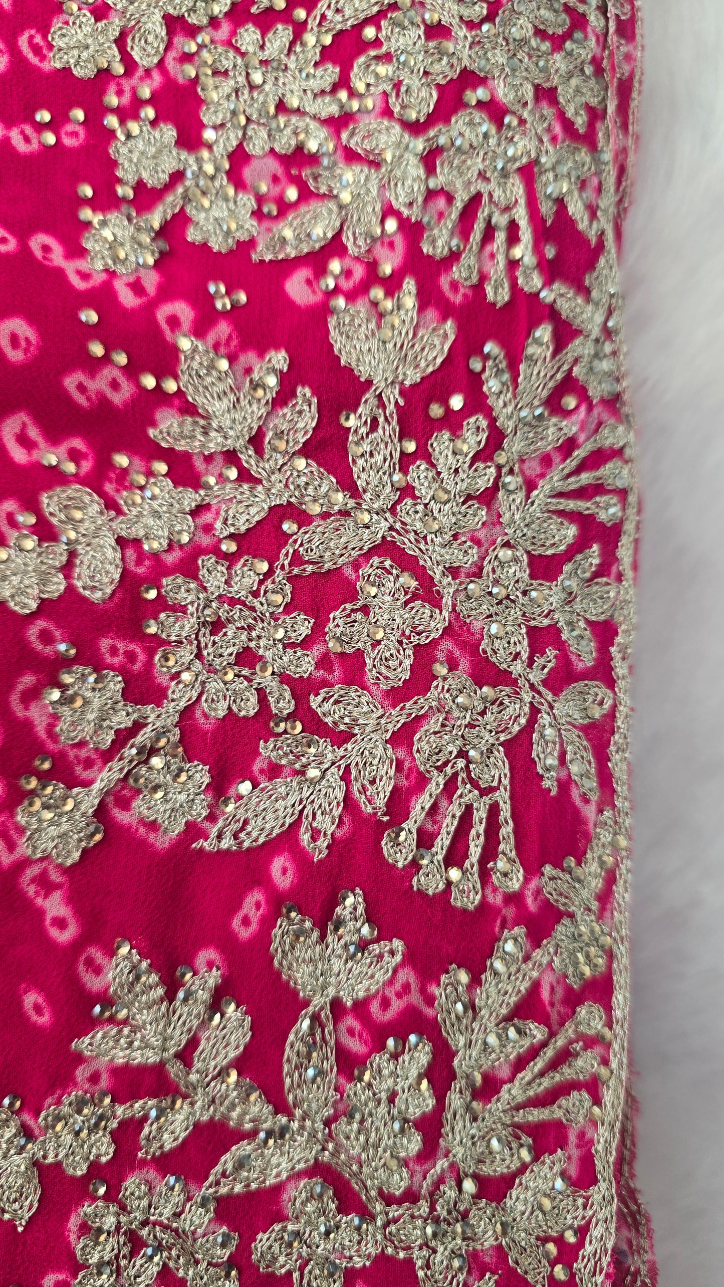Pink Bandhej Saree with Heavy Golden Floral Embroidery Border