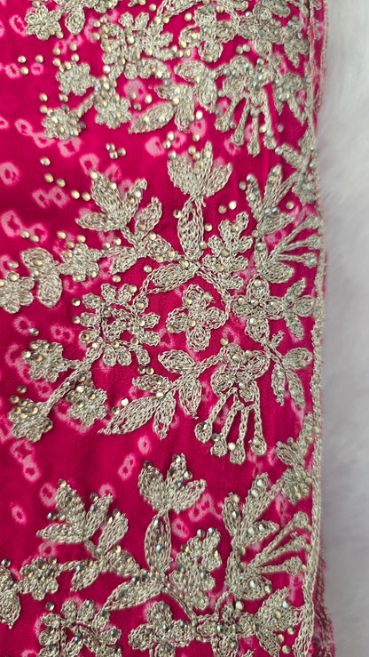 Pink Bandhej Saree with Heavy Golden Floral Embroidery Border