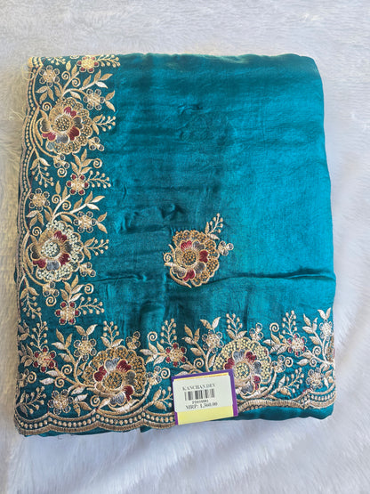 Teal Floral Zari Work Saree