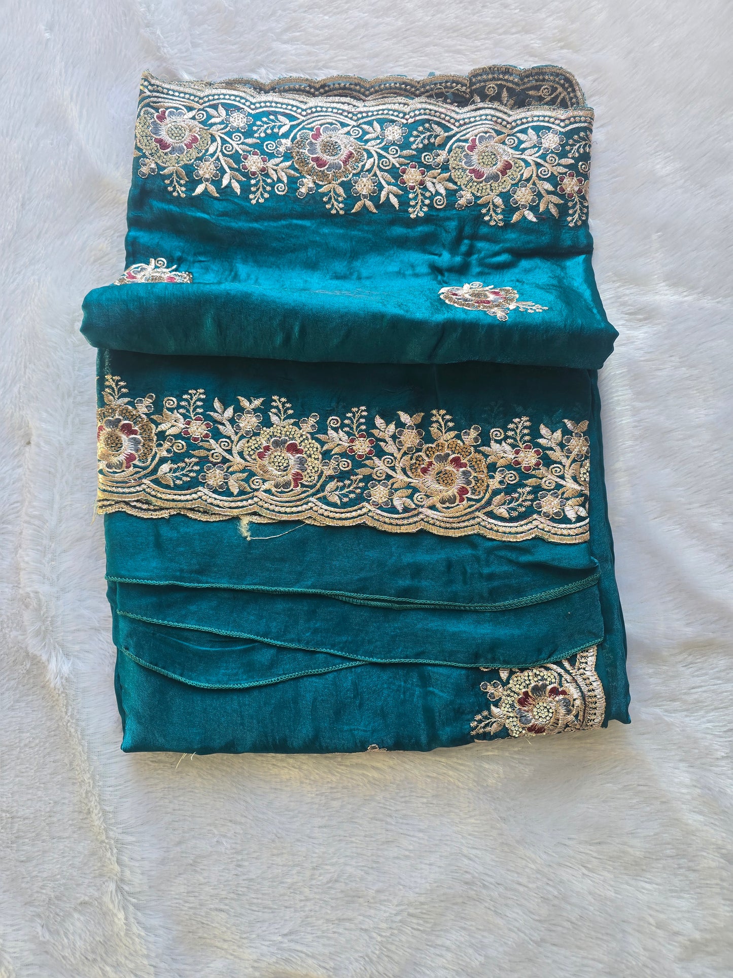Teal Floral Zari Work Saree