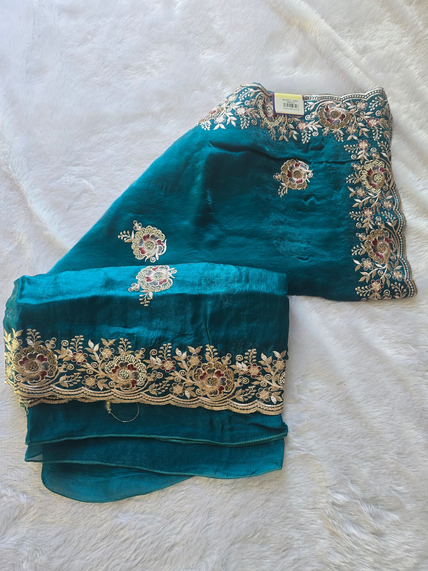 Teal Floral Zari Work Saree