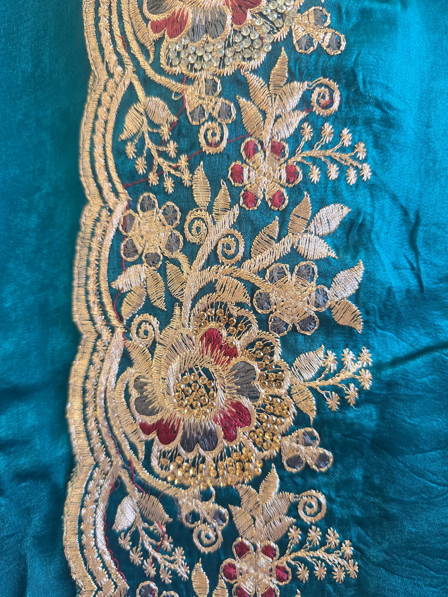 Teal Floral Zari Work Saree