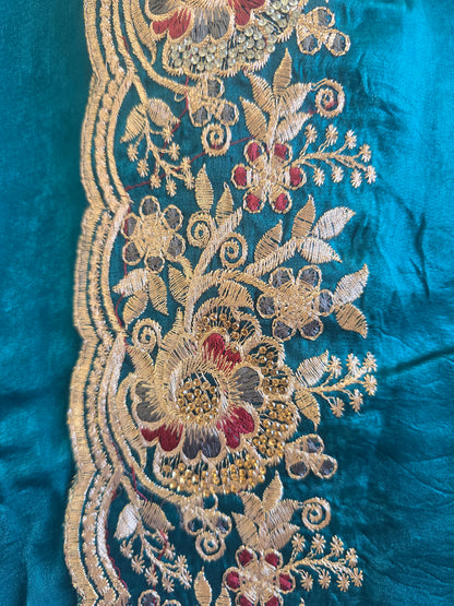 Teal Floral Zari Work Saree