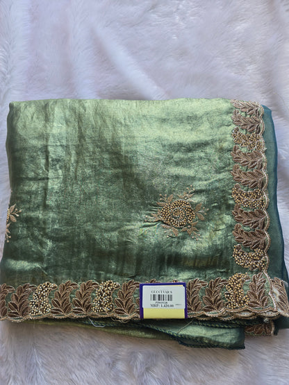 Olive Green Silk Blend Saree with Heavy Zari Embroidered Leaf Border