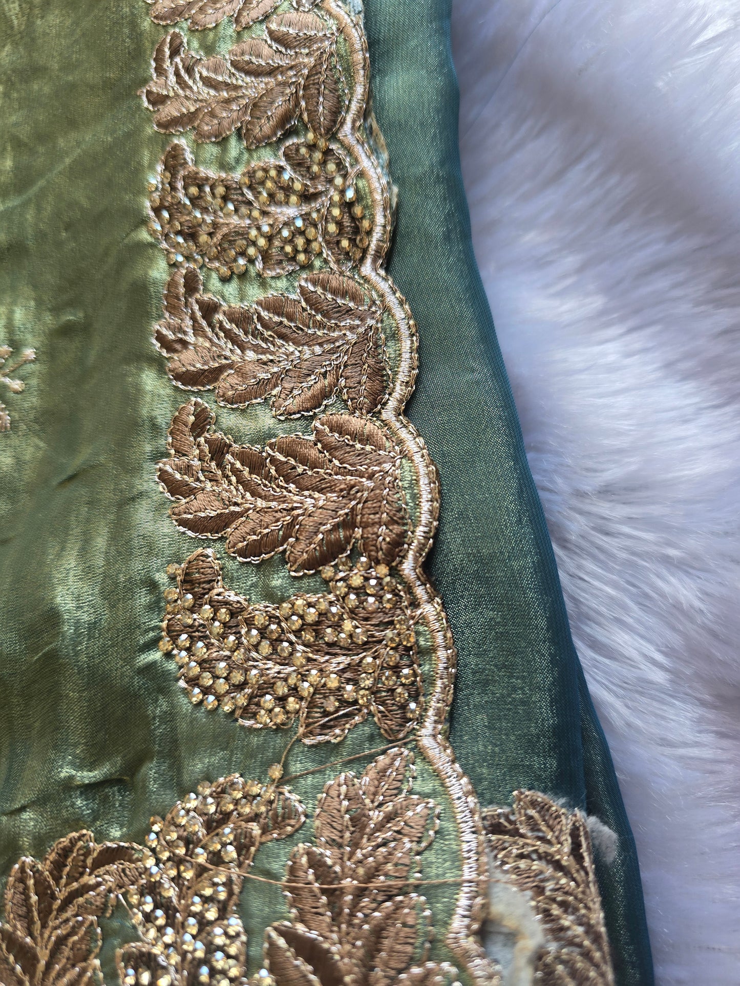 Olive Green Silk Blend Saree with Heavy Zari Embroidered Leaf Border