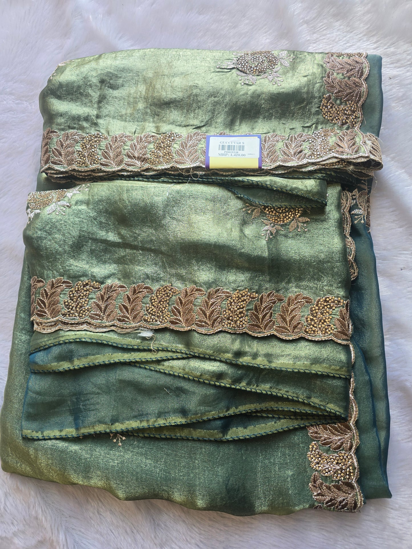 Olive Green Silk Blend Saree with Heavy Zari Embroidered Leaf Border