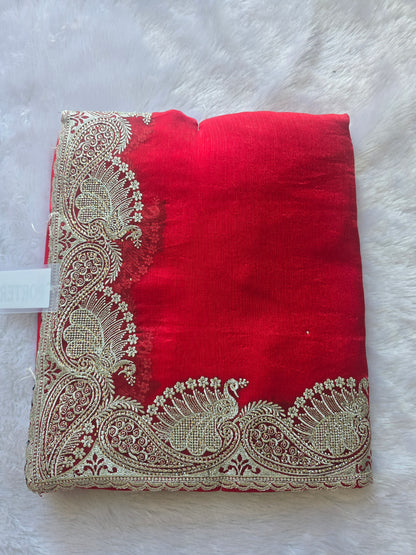 Red Silk Blend Saree with Heavy Golden Peacock Zari Border