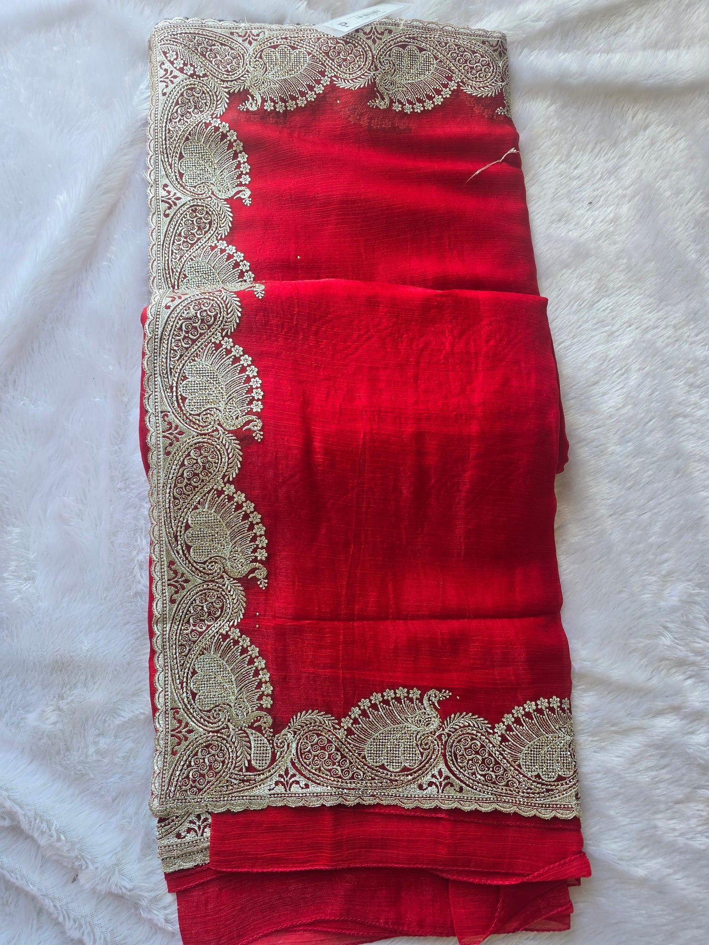 Red Silk Blend Saree with Heavy Golden Peacock Zari Border