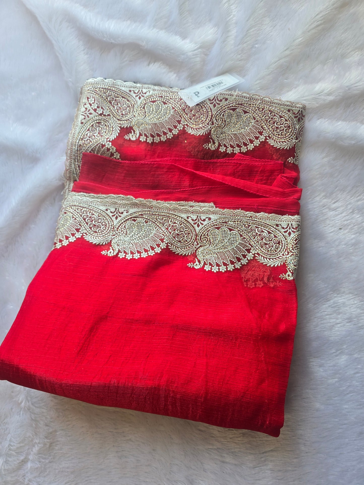 Red Silk Blend Saree with Heavy Golden Peacock Zari Border