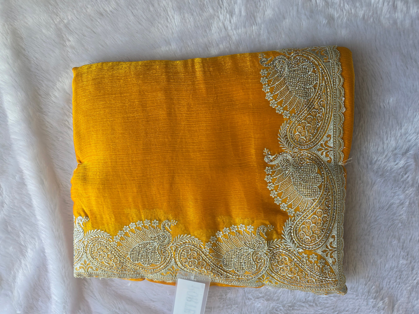 Yellow Silk Blend Saree with Heavy Golden Peacock Zari Border