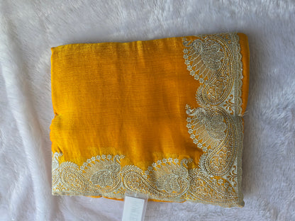 Yellow Silk Blend Saree with Heavy Golden Peacock Zari Border