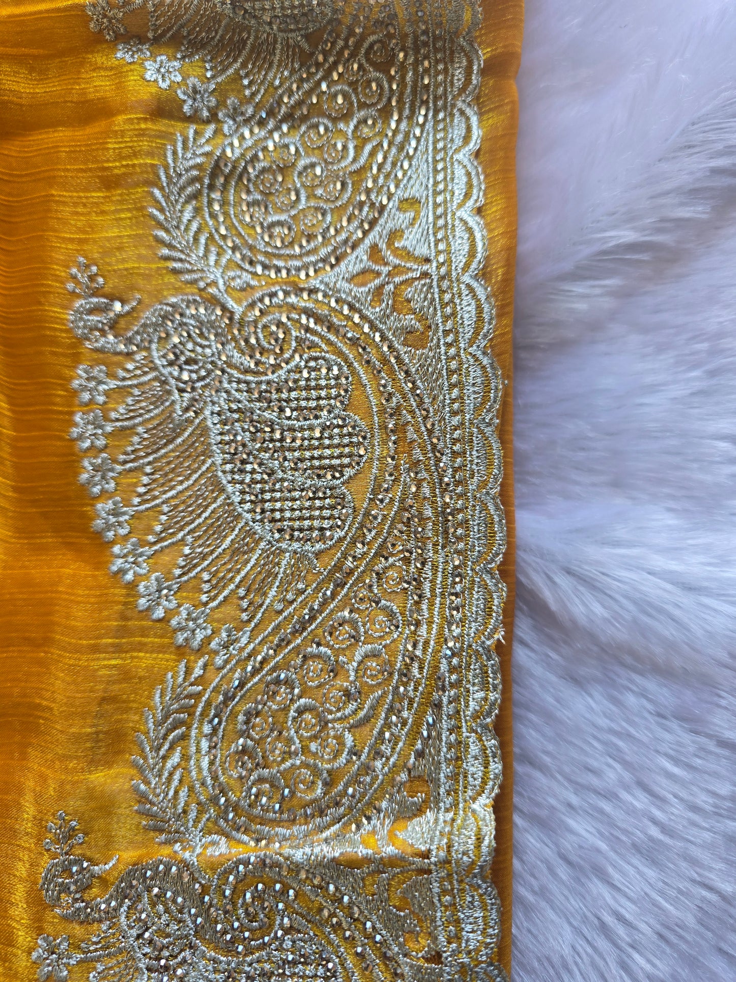 Yellow Silk Blend Saree with Heavy Golden Peacock Zari Border