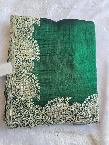 Green Silk Blend Saree with Heavy Golden Peacock Zari Border (Copy)