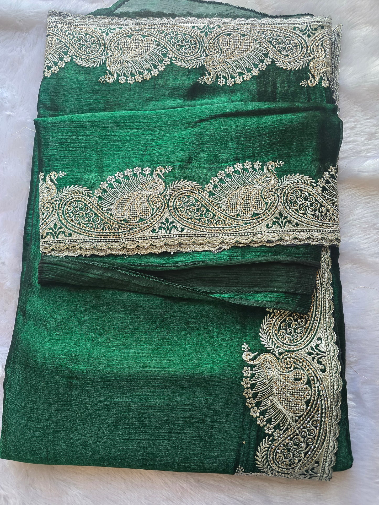 Green Silk Blend Saree with Heavy Golden Peacock Zari Border (Copy)