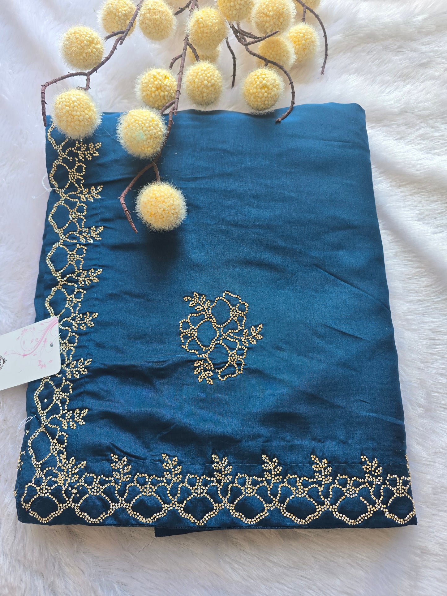Teal Blue Silk Blend Saree with Floral Vine Zari Embroidery Border
