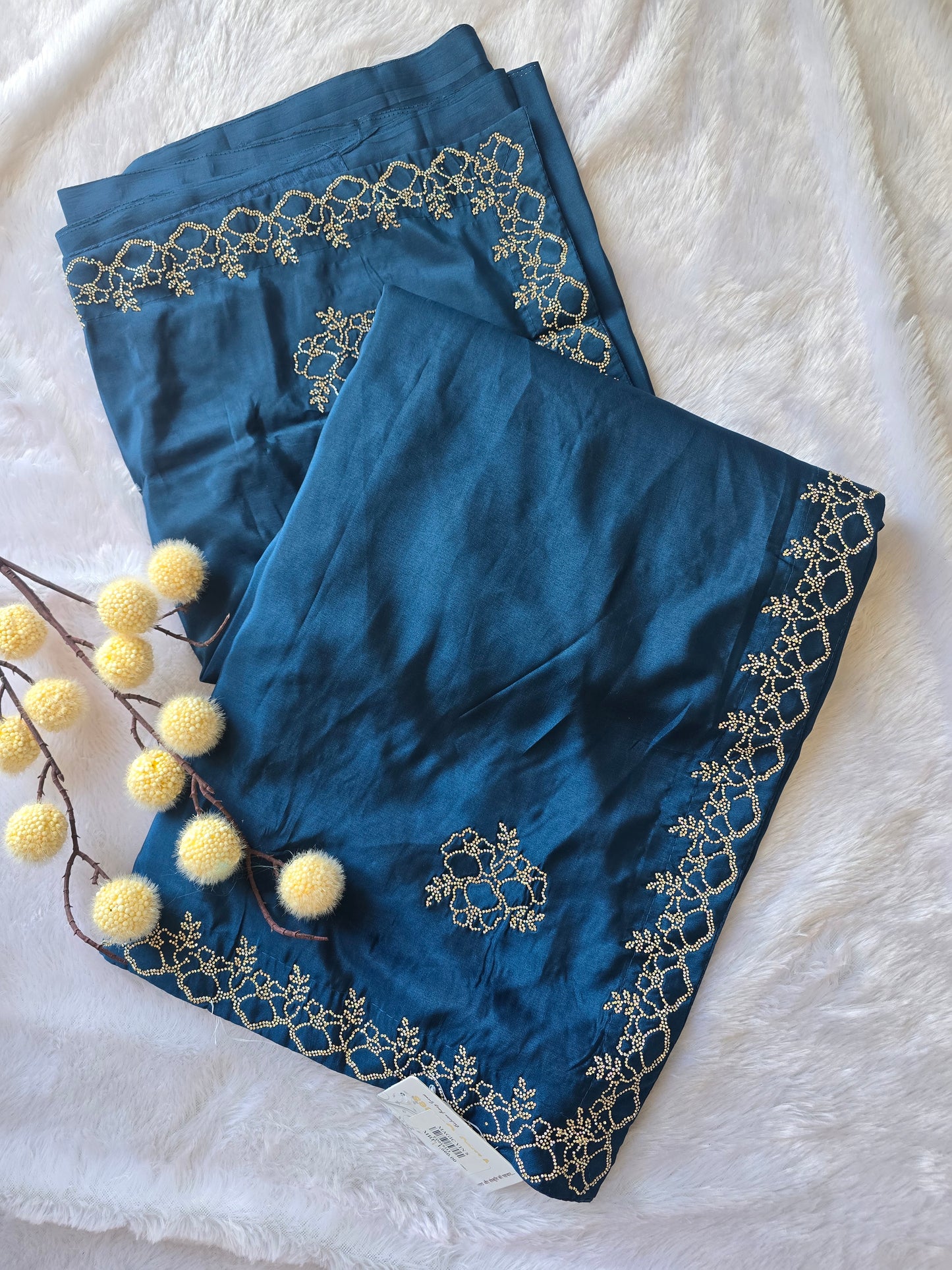 Teal Blue Silk Blend Saree with Floral Vine Zari Embroidery Border