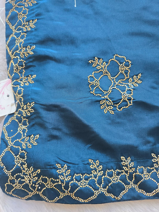 Teal Blue Silk Blend Saree with Floral Vine Zari Embroidery Border