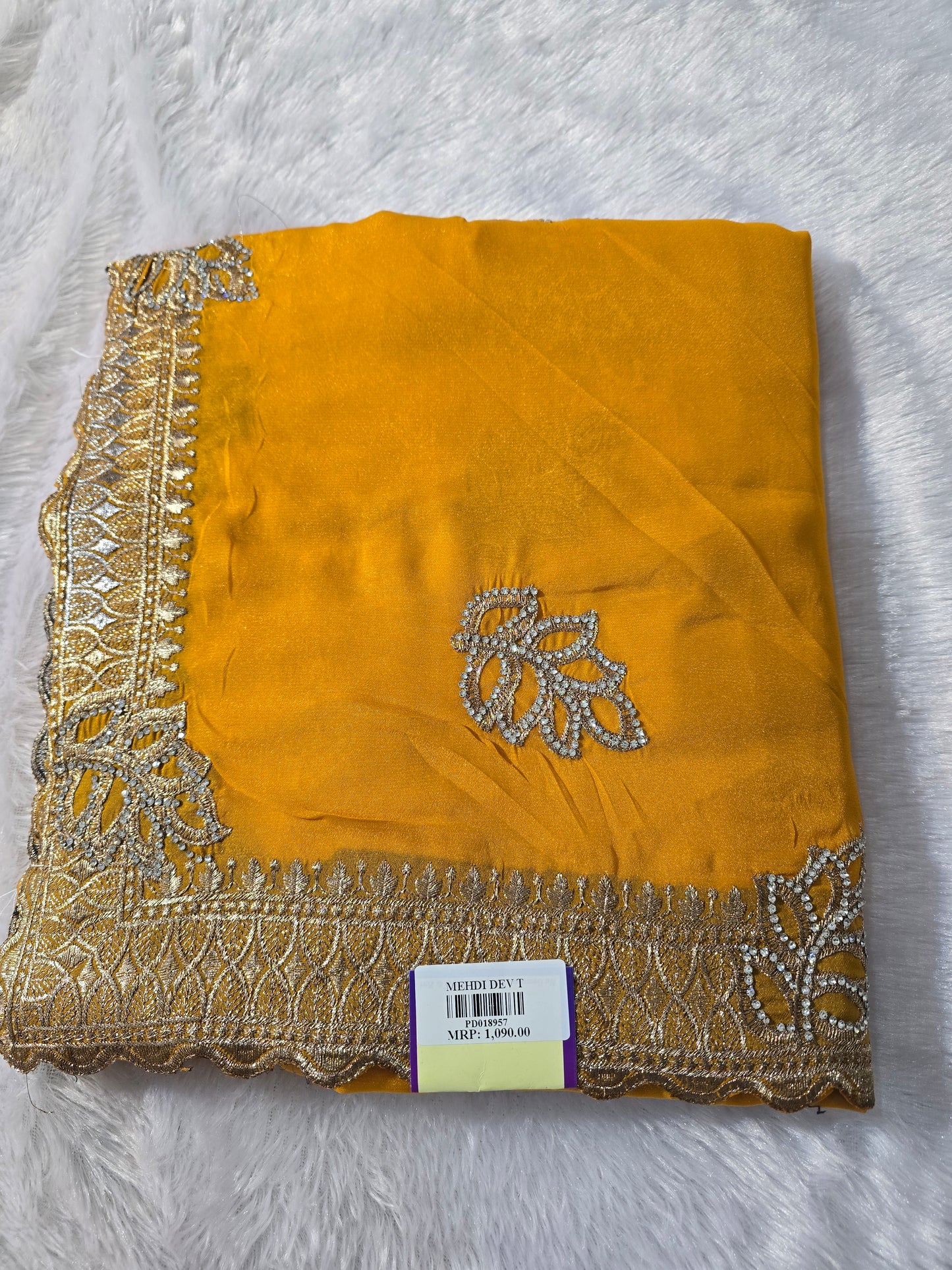 Mustard Yellow Silk Blend Saree with Zari & Stone Work Border