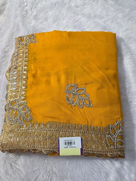 Mustard Yellow Silk Blend Saree with Zari & Stone Work Border