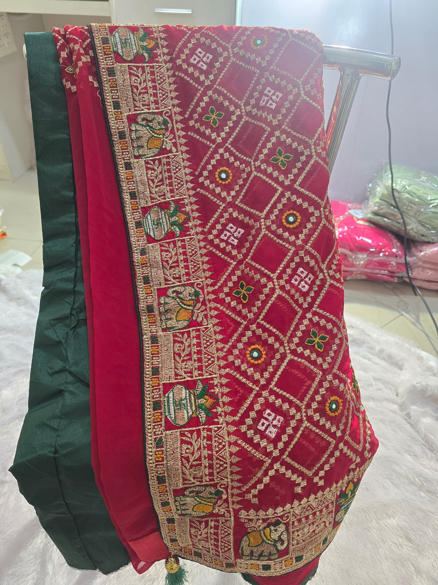 Rani Pink Silk Blend Saree with Temple Border