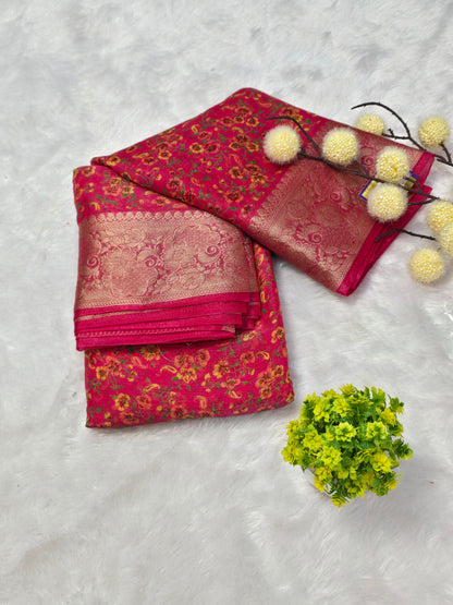chinon tissue Floral Printed Zari Border Saree