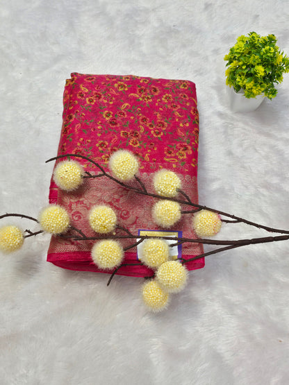 chinon tissue Floral Printed Zari Border Saree