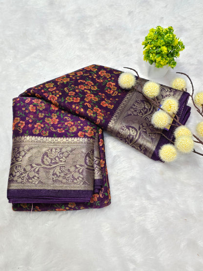 chinon tissue Floral Printed Zari Border Saree