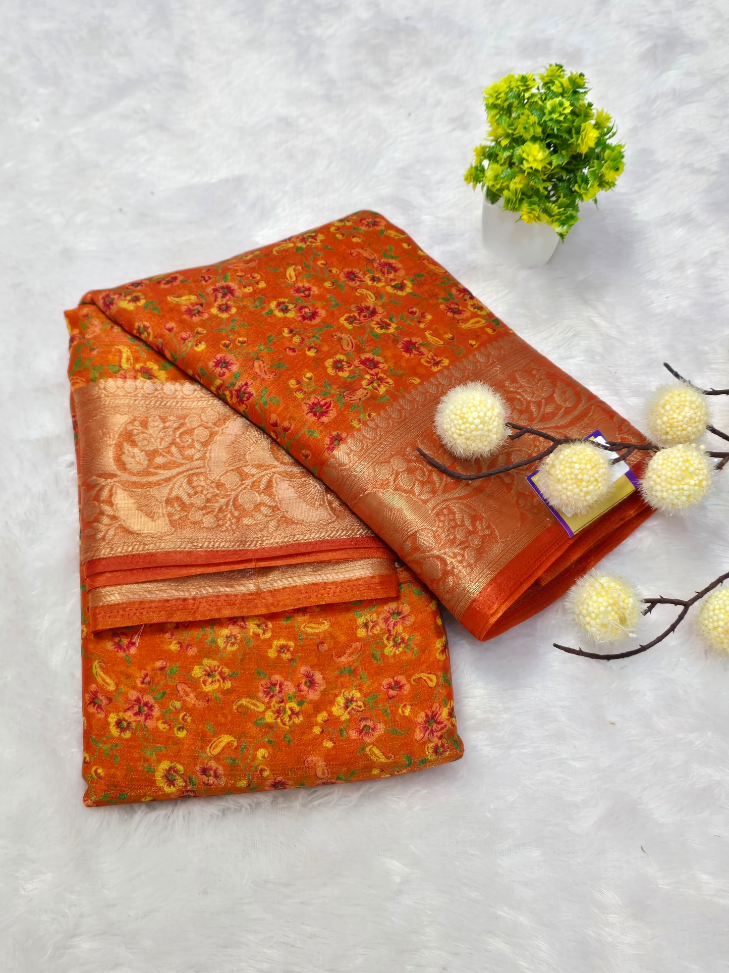 chinon tissue Floral Printed Zari Border Saree