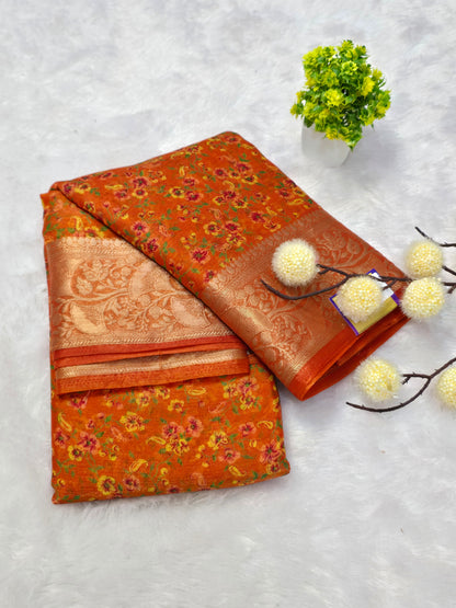 chinon tissue Floral Printed Zari Border Saree