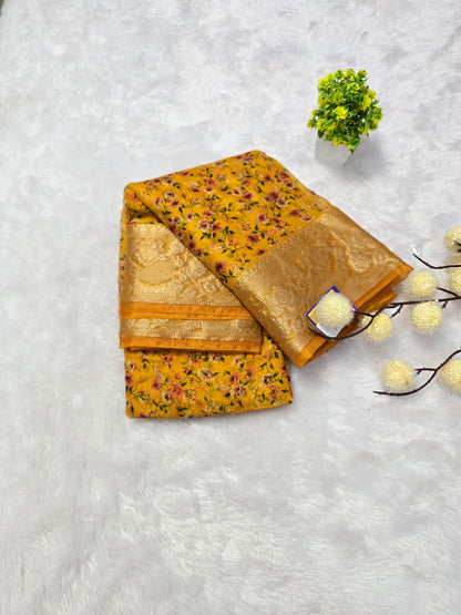 chinon tissue Floral Printed Zari Border Saree