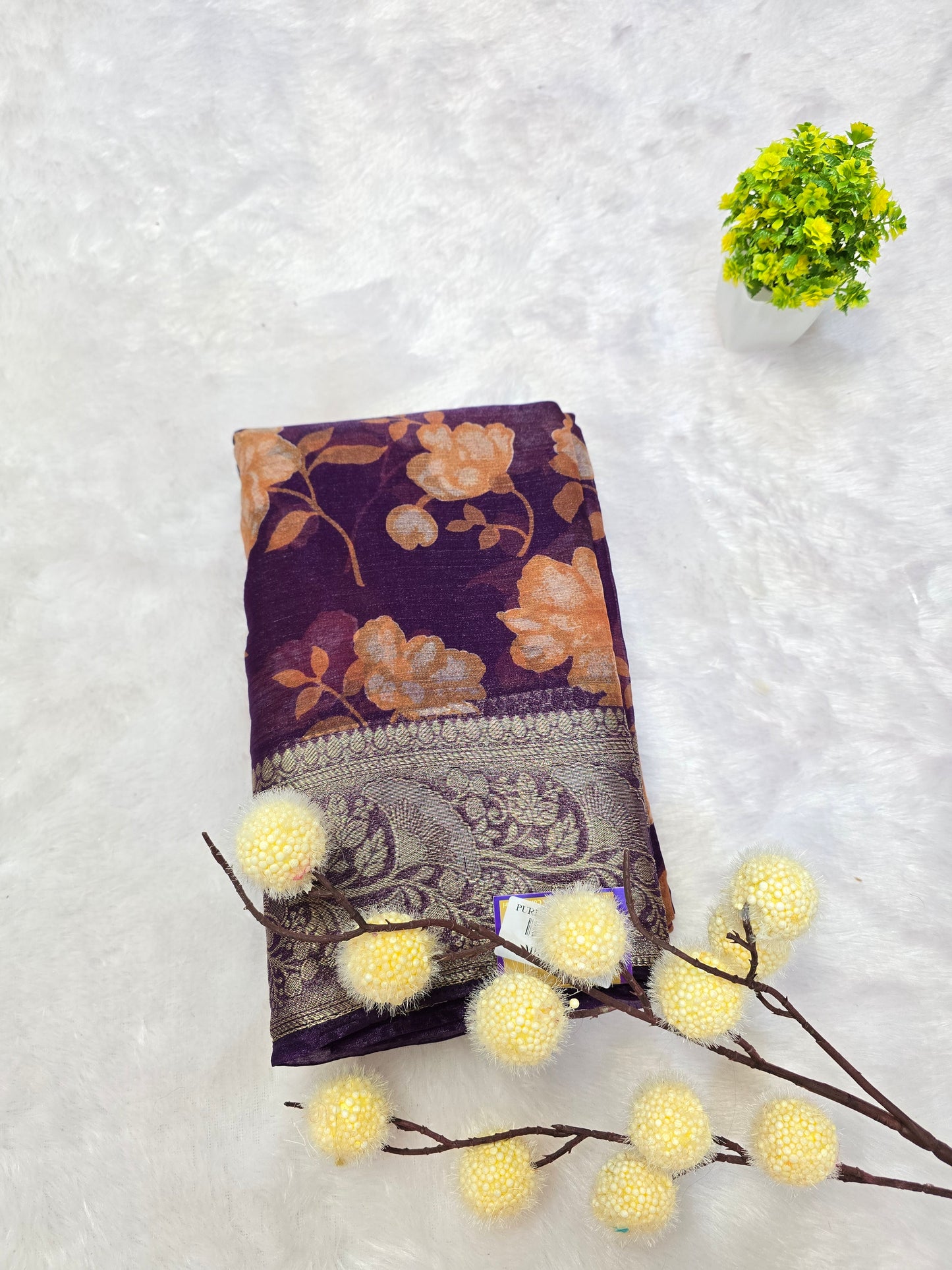 chinon tissue Floral Printed Zari Border Saree