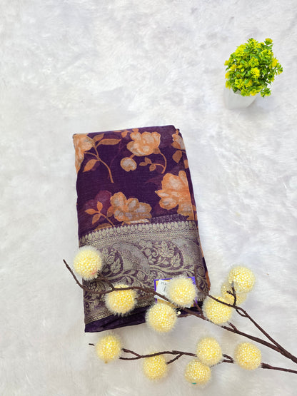 chinon tissue Floral Printed Zari Border Saree