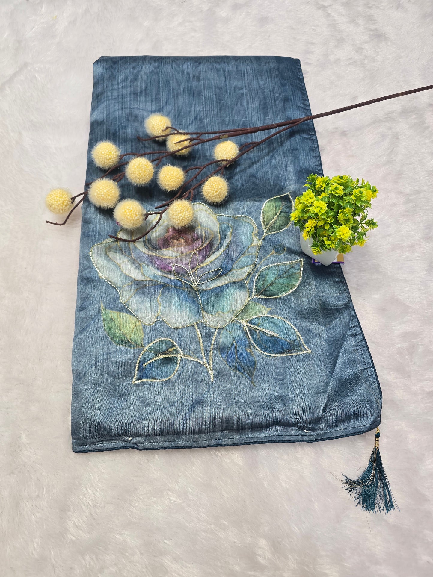 Steel Blue Floral Handcrafted Saree