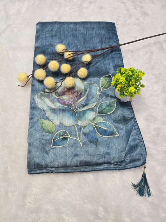 Steel Blue Floral Handcrafted Saree