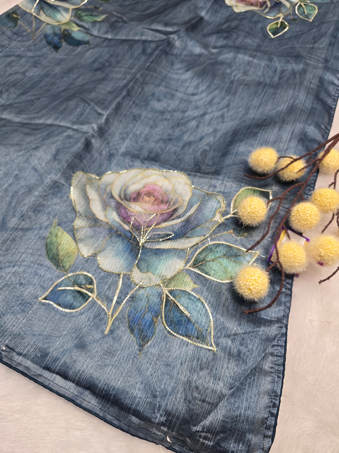 Steel Blue Floral Handcrafted Saree