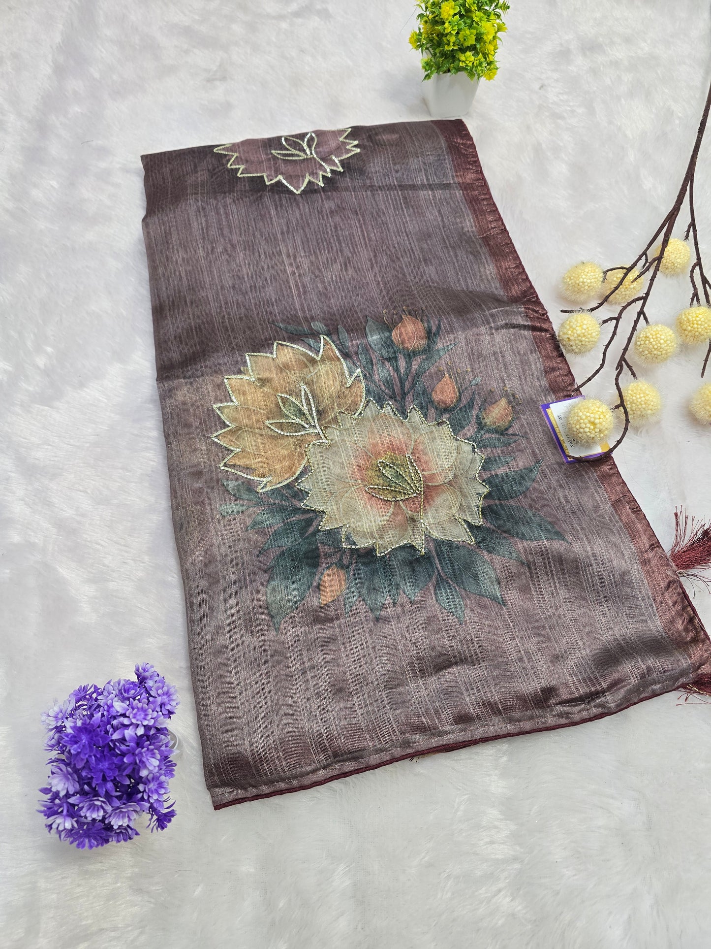 Brown Floral Handcrafted Saree