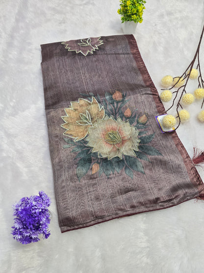 Brown Floral Handcrafted Saree