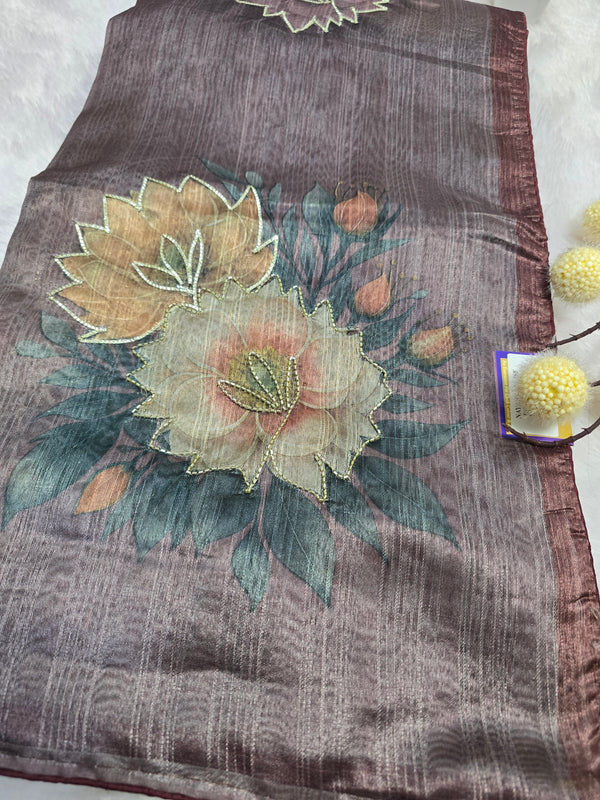 Brown Floral Handcrafted Saree