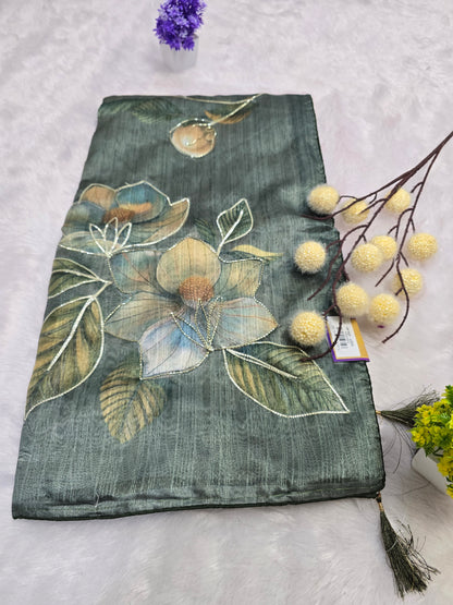 Green Floral Handcrafted Saree
