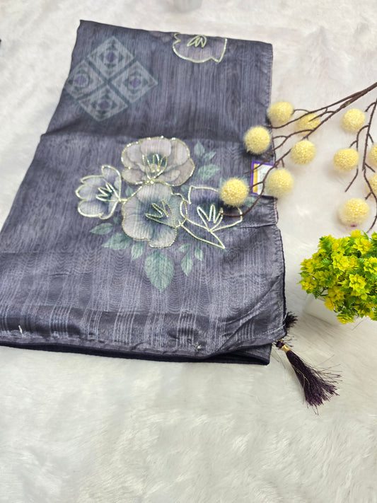 Grey Floral Handcrafted Saree
