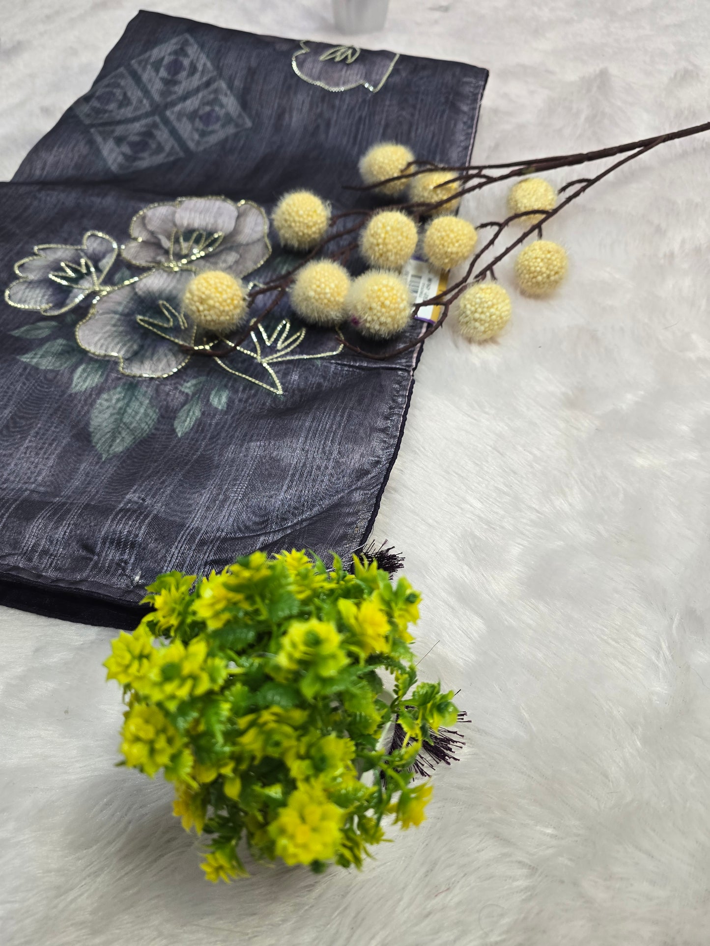 Grey Floral Handcrafted Saree