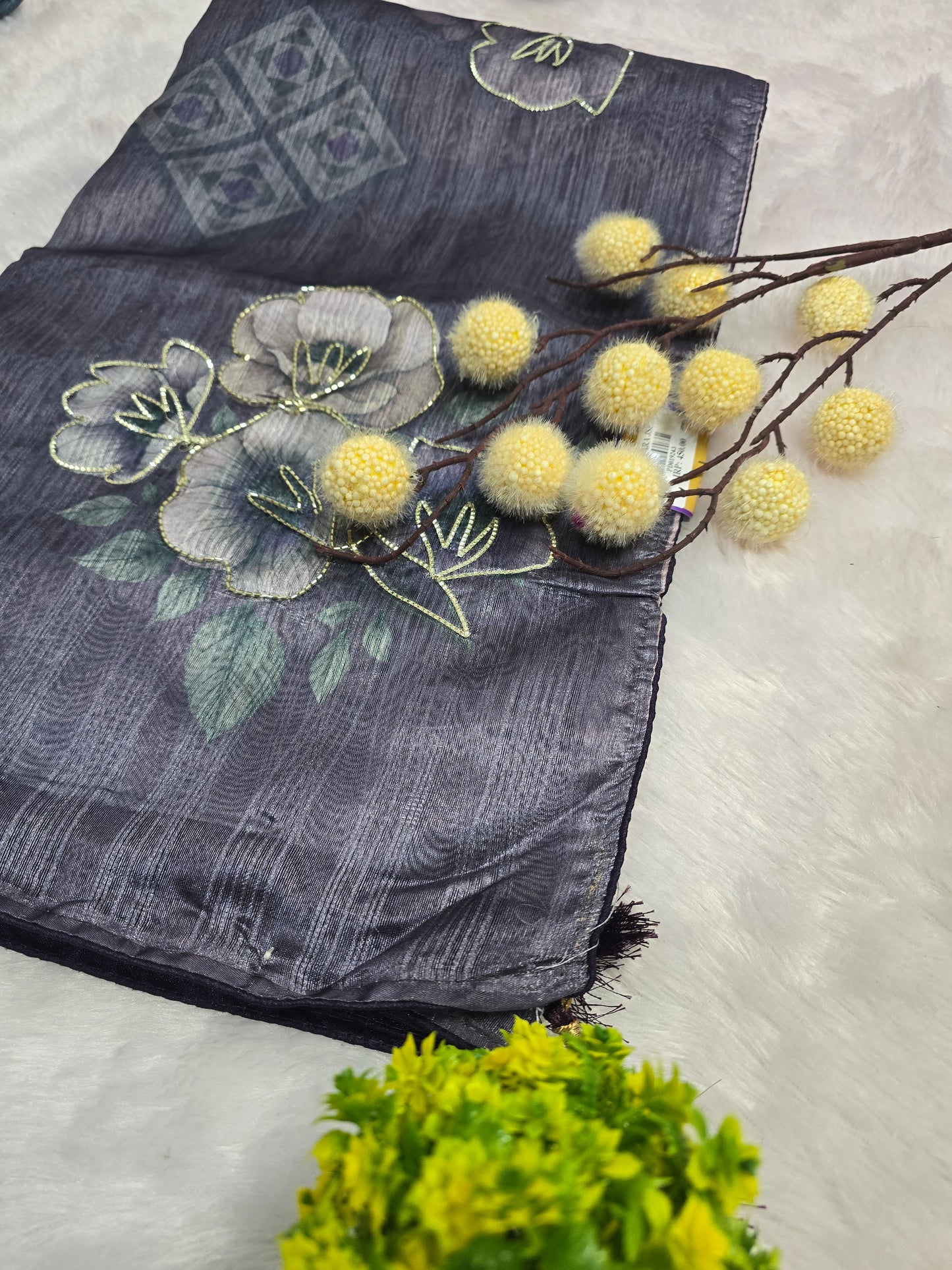 Grey Floral Handcrafted Saree