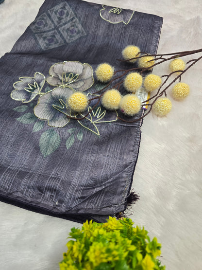 Grey Floral Handcrafted Saree